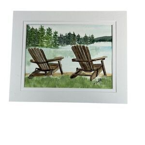 Hand Painted Adironack By The Shore by M. Shadish 10”x8 Coastal Cabin Lake Print